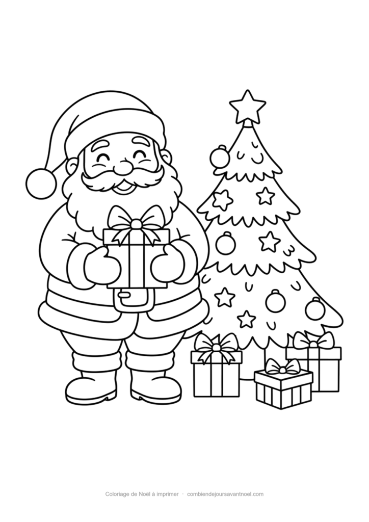 Coloriage de Noël à imprimer : Père Noël à côté du sapin avec un cadeau