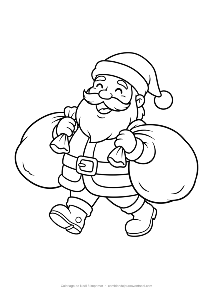 Coloriage de Noël à imprimer : Père Noël qui marche avec deux sacs de cadeaux