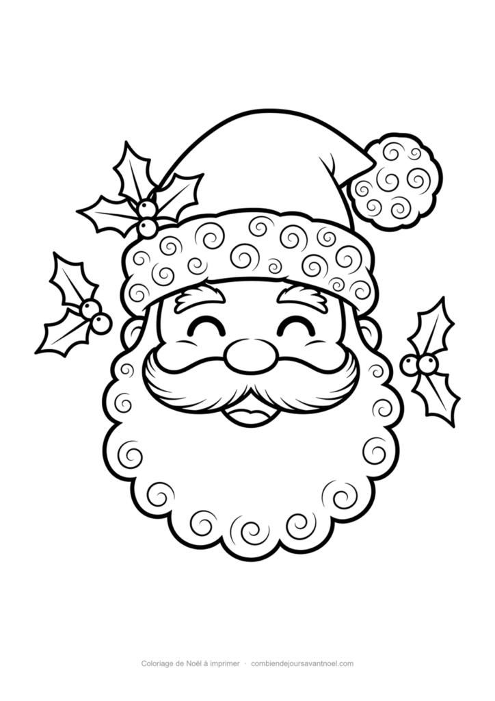 Coloriage de Noël à imprimer : Visage du Père Noël et feuilles de houx