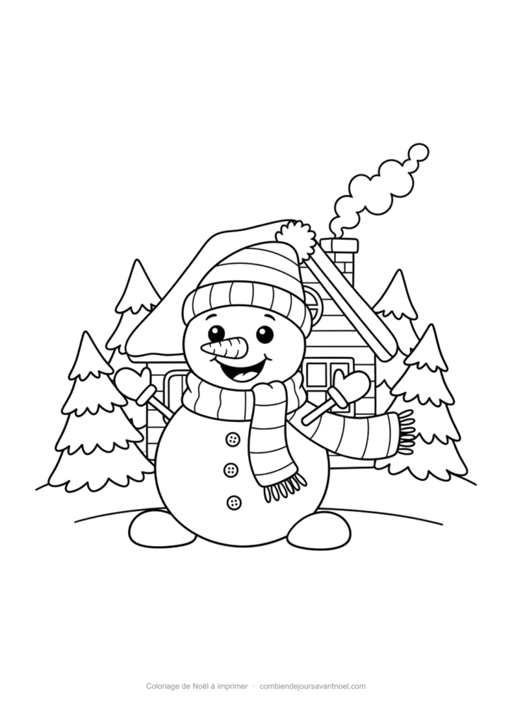 Coloriage de Noël à imprimer : Bonhomme de neige devant un chalet