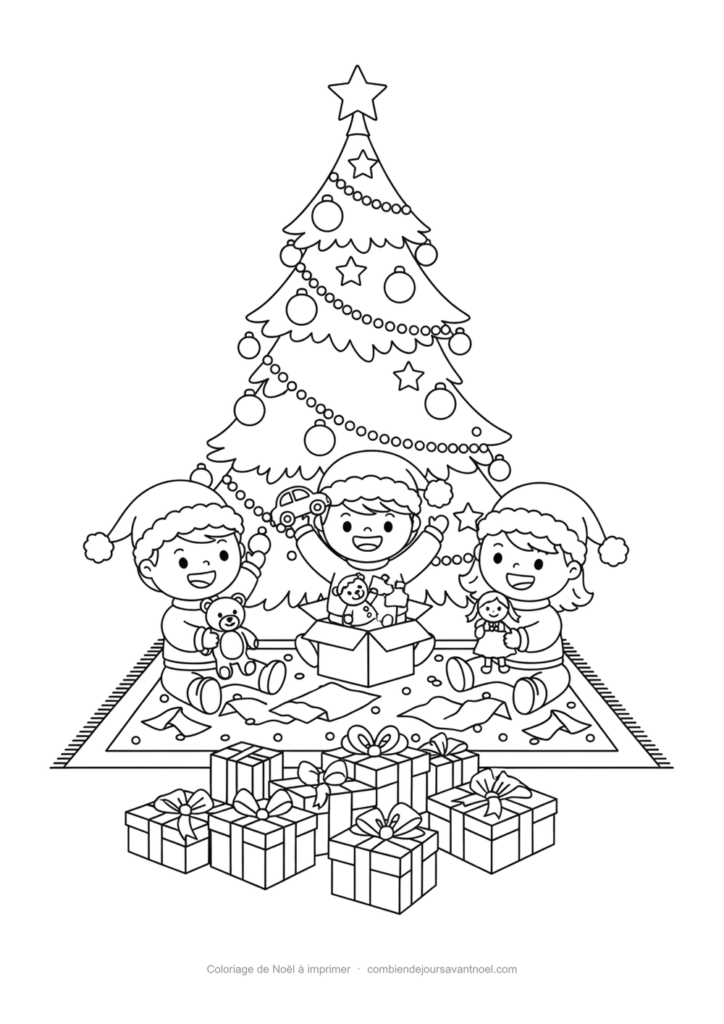 Coloriage de Noël à imprimer : Enfants qui ouvrent leurs cadeaux au pied du sapin