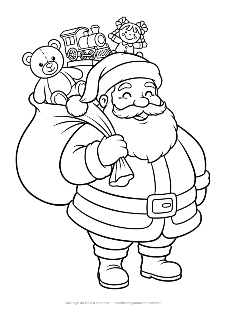 Coloriage de Noël à imprimer : Père Noël et sa hotte pleine de jouets