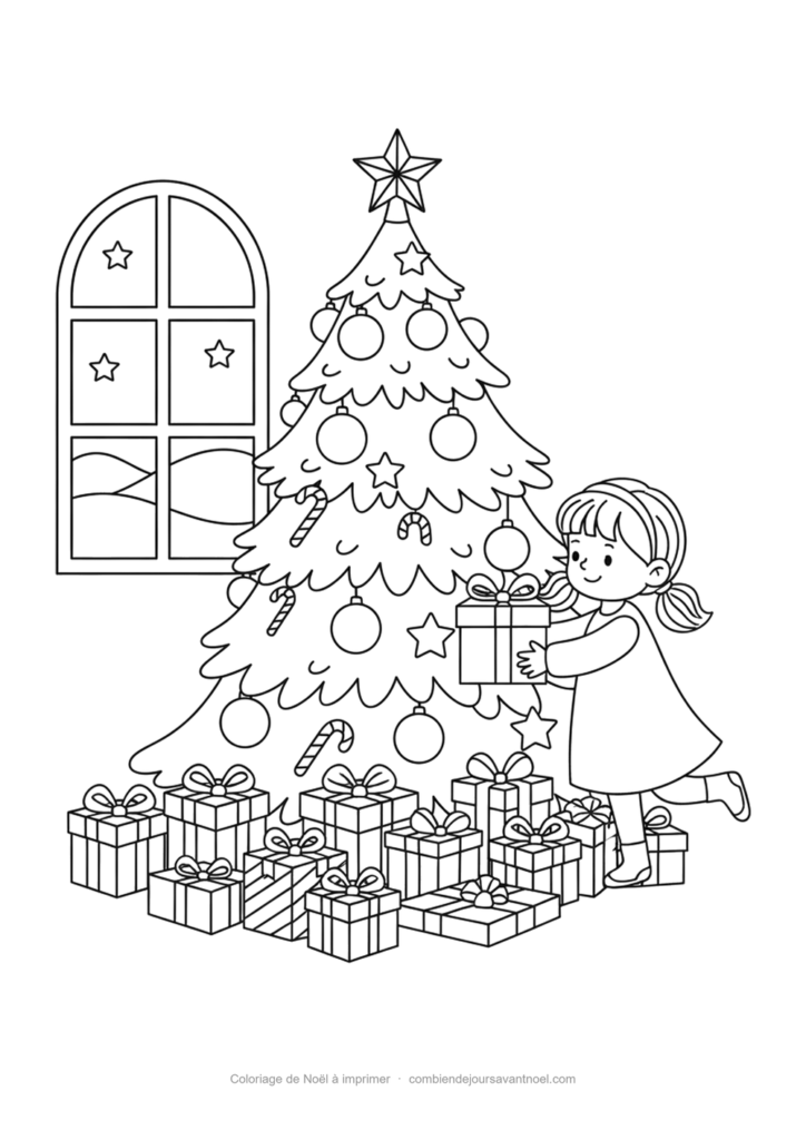 Coloriage de Noël à imprimer : Fillette qui dépose un cadeau sous le sapin