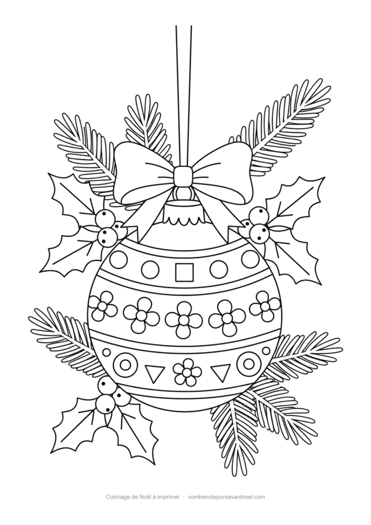 Coloriage de Noël à imprimer : Boule de Noël décorée, houx et branches de sapin