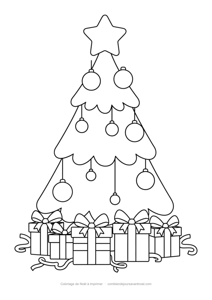 Coloriage de Noël à imprimer : Sapin de Noël et cadeaux