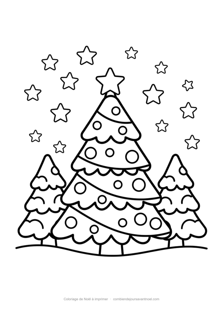 Coloriage de Noël à imprimer : Sapin de Noël sous les étoiles