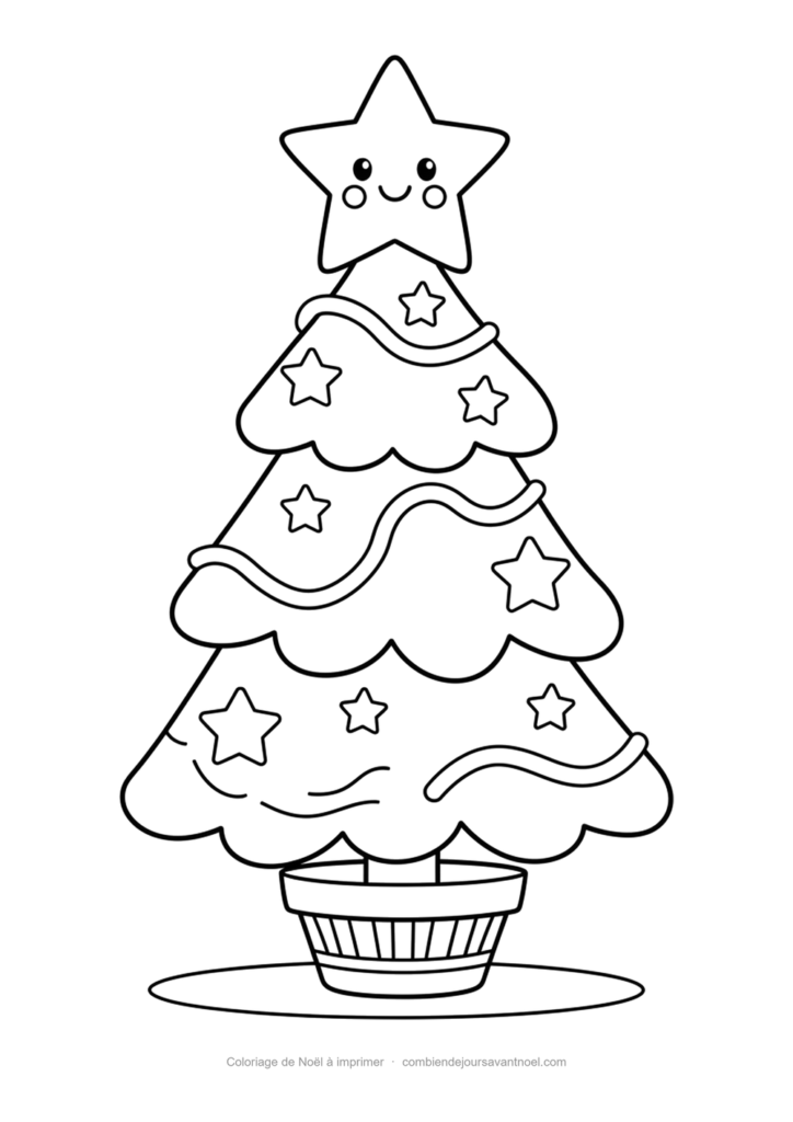 Coloriage de Noël à imprimer : Sapin de Noël étoilé, très facile