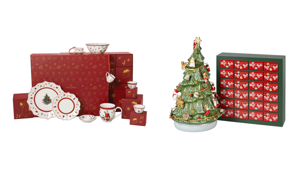 Calendriers de l'Avent Villeroy & Boch : Christmas Toys en porcelaine, Train en bois et chemin de table Gobelin