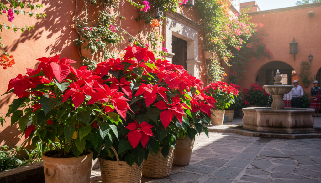 Poinsettias aux bractées rouges (étoiles de Noël) dans une cour mexicaine ensoleillée