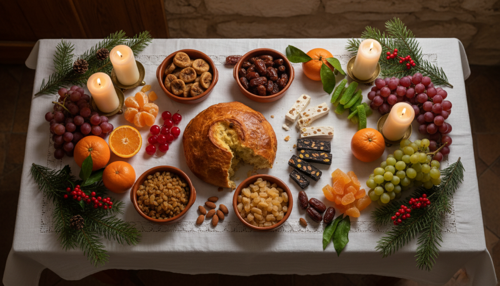 Table de Noël provençale garnie des 13 desserts : pompe à huile, quatre mendiants, nougats et clémentines