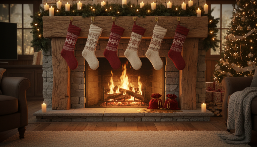 Chaussettes de Noël en laine suspendues à une cheminée allumée d'où s'échappent des pièces d'or