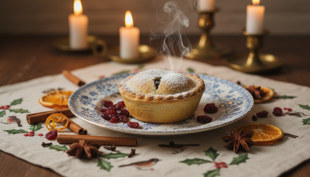 Gros plan sur une tartelette doree de mince pie sur une assiette ancienne, entouree de fruits secs et d'epices