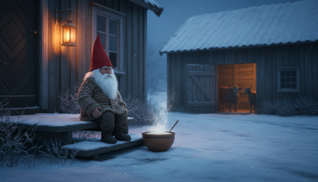 Petit gnome barbu au bonnet rouge assis pres d'une ferme scandinave enneigee devant un bol de bouillie de riz fumante