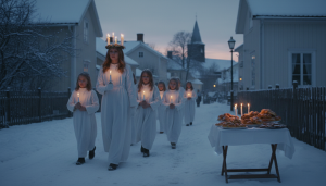 Jeune fille en robe blanche coiffee d'une couronne de bougies menant un cortege d'enfants a l'aube, fete de la Sainte-Lucie