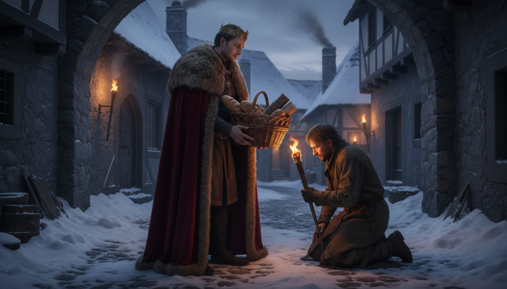 Un duc medieval en manteau de fourrure tendant un panier de pain et de buches a un homme pauvre agenouille dans la neige