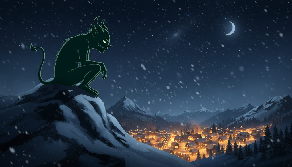 Creature verte espiegle perchee sur un pic enneige, observant un village illumine en contrebas