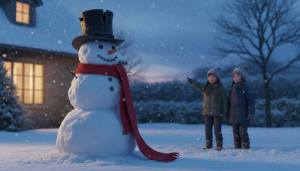 Bonhomme de neige avec chapeau haut-de-forme, echarpe rouge et yeux de charbon dans un jardin enneige au crepuscule
