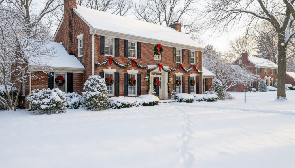 Grande maison en briques enneigee decoree de guirlandes lumineuses et d'une couronne, dans une rue residentielle americaine