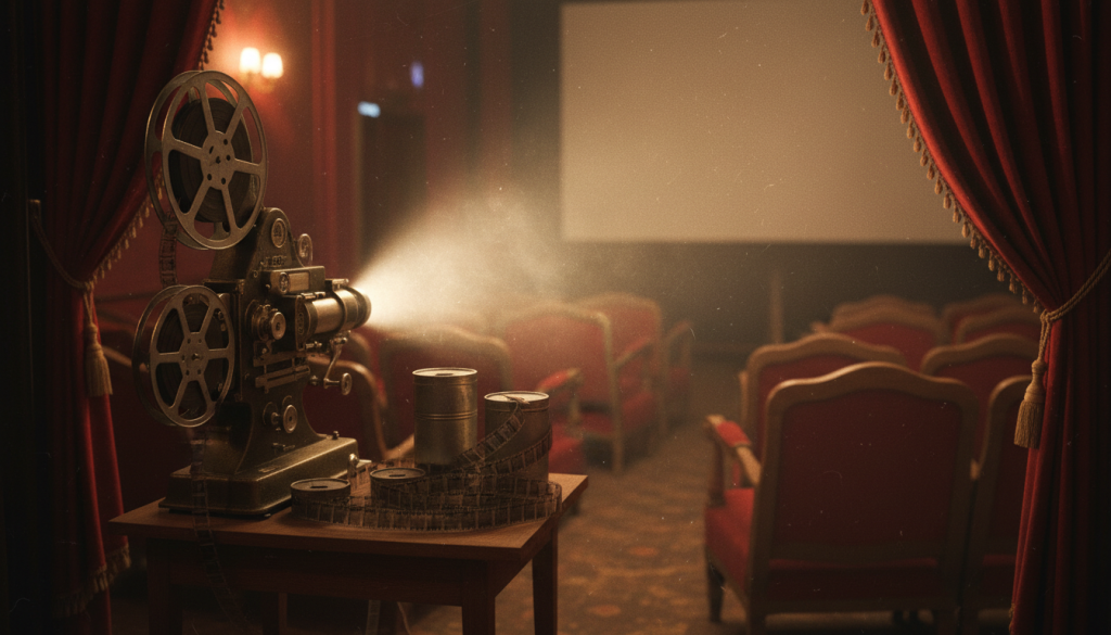 Vieux projecteur de cinema en fonctionnement et bobines de pellicule dans une salle de projection intimiste