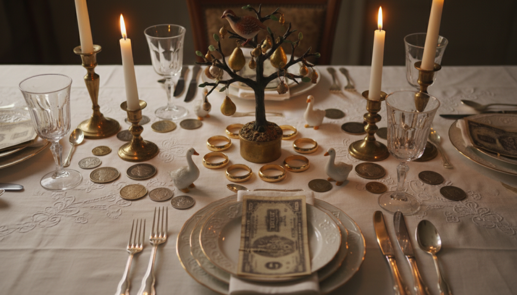 Table de fete avec un poirier orne d'une perdrix, cinq anneaux dores et des oies, illustrant les douze jours de Noel