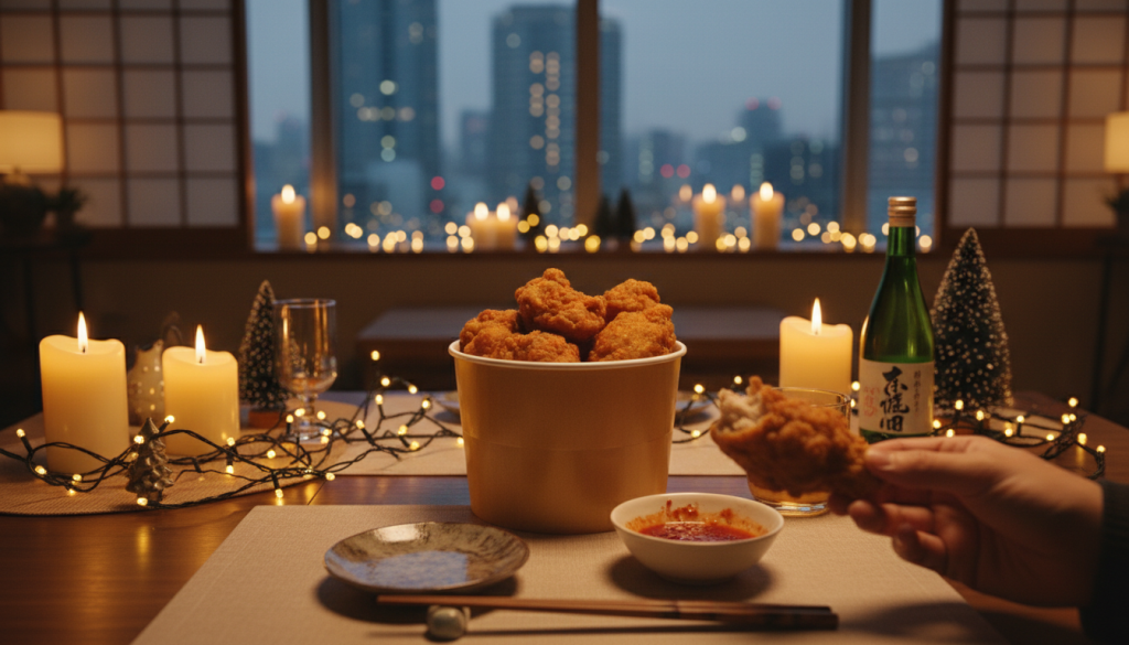 Un repas de Noel japonais avec du poulet frit, tradition du reveillon au Japon