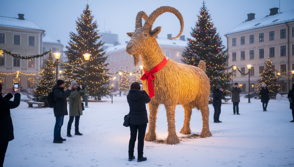 Le grand bouc de paille de Gavle, decoration de Noel suedoise traditionnelle
