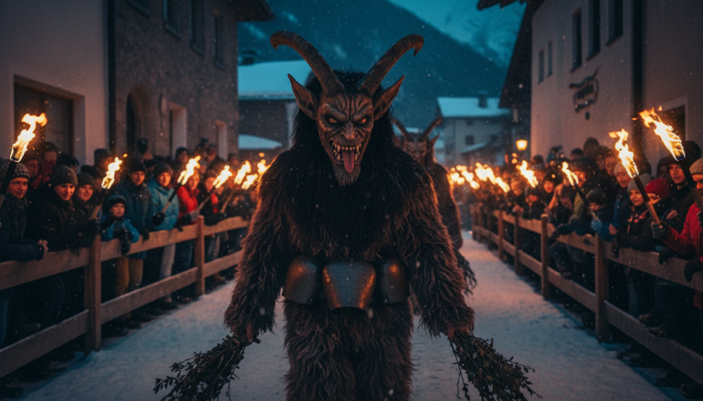 Le Krampus, creature cornue du folklore alpin, compagnon effrayant de Saint Nicolas