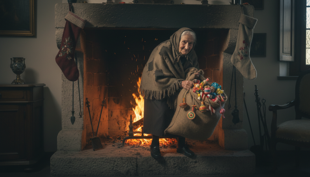 La Befana, la vieille sorciere italienne de Noel, sur son balai avec des cadeaux