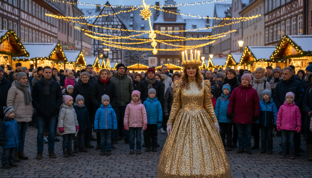 Jeune fille en robe dorée incarnant le Christkind au balcon de l'église Notre-Dame, marché de Noël de Nuremberg