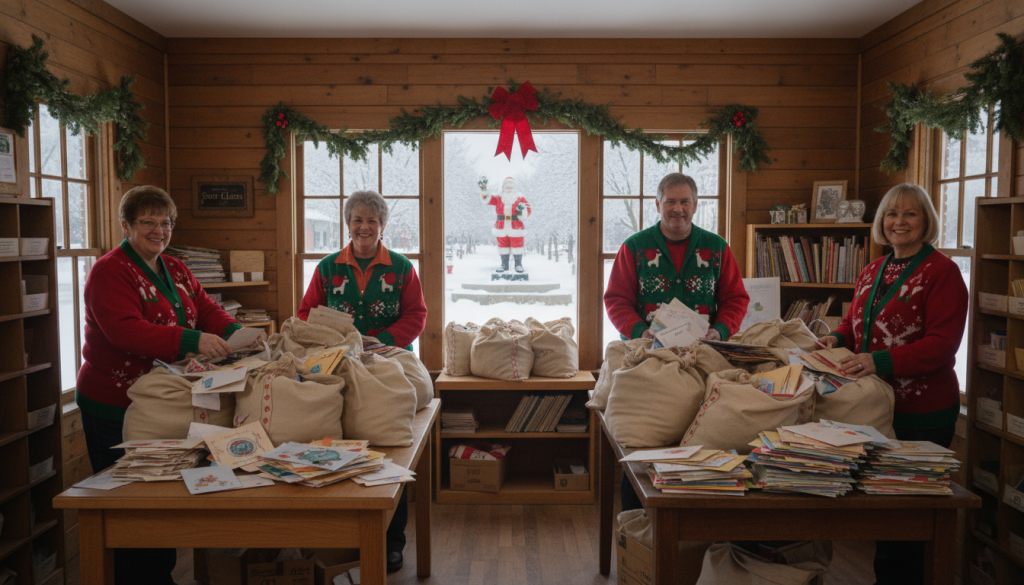 Bureau de poste en bois enneigé de Santa Claus dans l'Indiana, décoré de guirlandes, avec des bénévoles triant des sacs de lettres d'enfants et une statue du Père Noël dans la rue