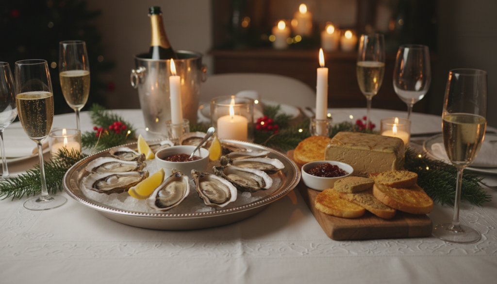 Table de réveillon avec un plateau d'huîtres sur glace pilée et du foie gras sur toasts, verres à champagne, bougies et branches de sapin