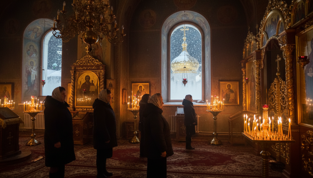 Intérieur d'une église orthodoxe illuminé de bougies et d'icônes dorées pour la Nativité, la nuit du 7 janvier