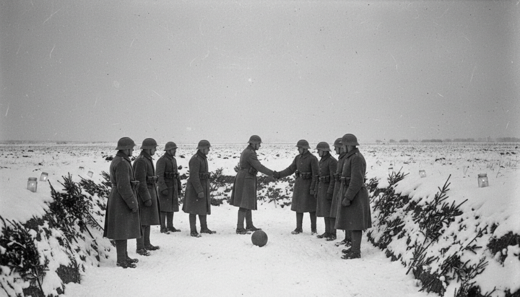 Soldats allemands et britanniques se serrant la main dans le no man's land enneigé, un ballon de football posé dans la neige, en décembre 1914
