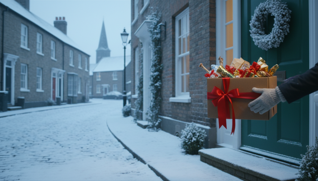 Boîte d'étrennes ornée d'un ruban rouge remplie de restes du festin de Noël, tendue sur le pas d'une porte anglaise enneigée le jour du Boxing Day