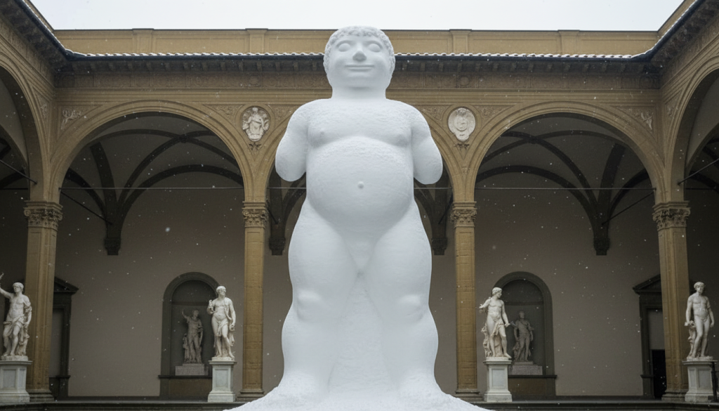 Grand bonhomme de neige sculpté dans la cour d'un palais Renaissance à Florence sous un ciel d'hiver enneigé