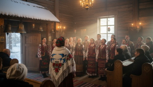 Chœur populaire ukrainien en costumes traditionnels brodés chantant dans une église en bois enneigée de Kyiv, une hirondelle brodée visible
