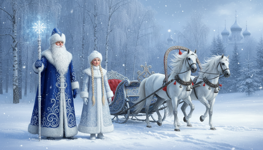 Ded Moroz vêtu d'une longue houppelande bleue brodée et coiffé d'un haut bonnet de fourrure, tenant un bâton orné, accompagné de sa petite-fille
