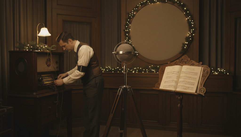 Studio de radio des années 1930, vieux microphone rond sur pied, partition de chant de Noël posée sur un pupitre, guirlandes discrètes
