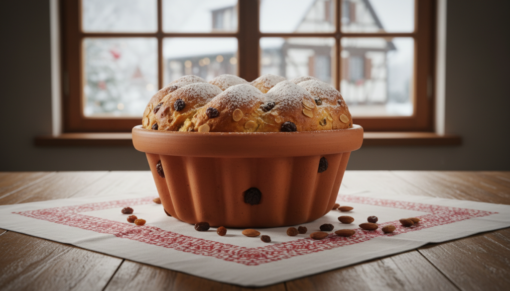 Kouglof alsacien doré dans son moule en terre cuite strié, posé sur une table en bois recouverte d'une nappe brodée, raisins et amandes