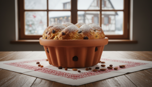 Kouglof alsacien doré dans son moule en terre cuite strié, posé sur une table en bois recouverte d'une nappe brodée, raisins et amandes