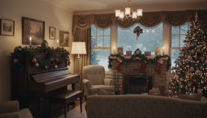 Salon américain des années 1940, piano droit orné de guirlandes et de boules de Noël, lumière chaude de lampes d'époque, neige visible à la fenêtre