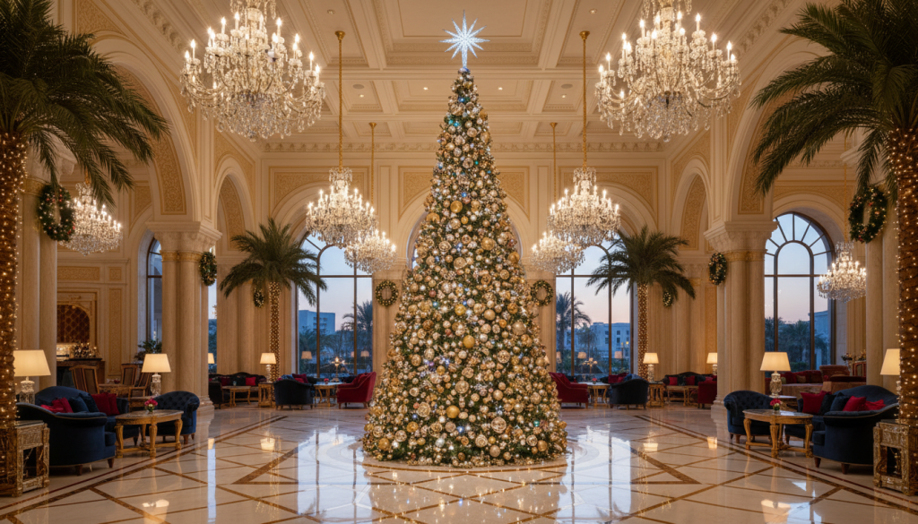 Hall somptueux d'un hôtel de luxe à Abou Dabi avec un immense sapin de Noël scintillant, orné de bijoux, pierres précieuses et boules dorées