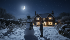 Bonhomme de neige dans un jardin anglais enneigé la nuit, écharpe et chapeau, silhouette d'un jeune garçon en pyjama à ses côtés, ciel étoilé