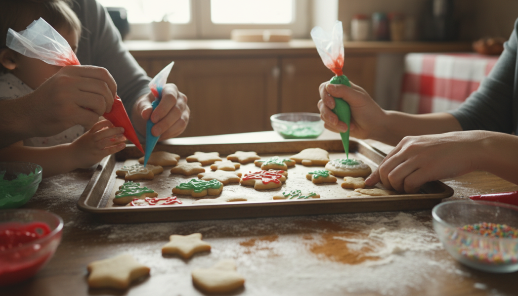 Biscuits de Noël en forme d'étoiles, sapins, cloches et bonshommes, glaçage coloré, disposés sur une plaque de cuisson en bois, mains d'enfant