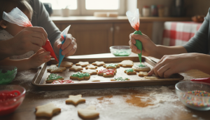 Biscuits de Noël en forme d'étoiles, sapins, cloches et bonshommes, glaçage coloré, disposés sur une plaque de cuisson en bois, mains d'enfant