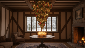Sapin de Noël suspendu la tête en bas au plafond d'un salon ancien à colombages, décoré de boules et de guirlandes, bougies allumées en dessous