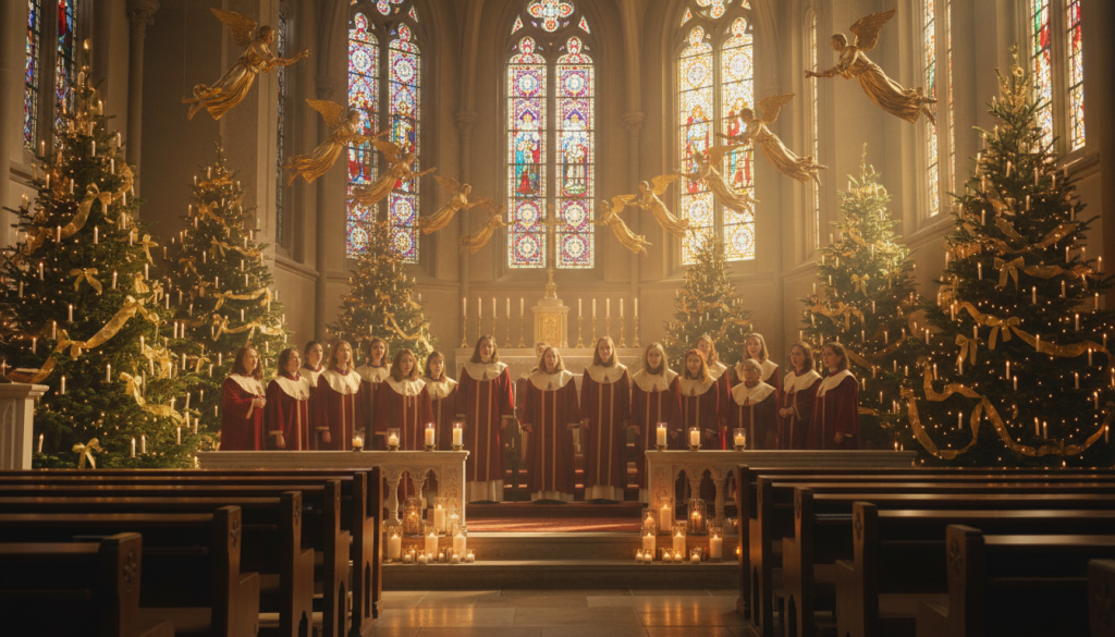 Intérieur d'église décoré de sapins et de bougies, chœur de chanteurs aux visages recueillis, figurines d'anges dorées suspendues au-dessus