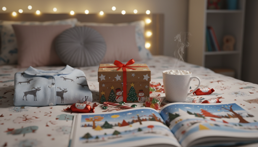 Petite boîte en carton décorée posée sur un lit d'enfant, entourée d'un pyjama neuf plié, d'un mug de chocolat chaud fumant et de friandises