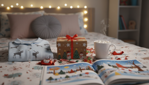 Petite boîte en carton décorée posée sur un lit d'enfant, entourée d'un pyjama neuf plié, d'un mug de chocolat chaud fumant et de friandises