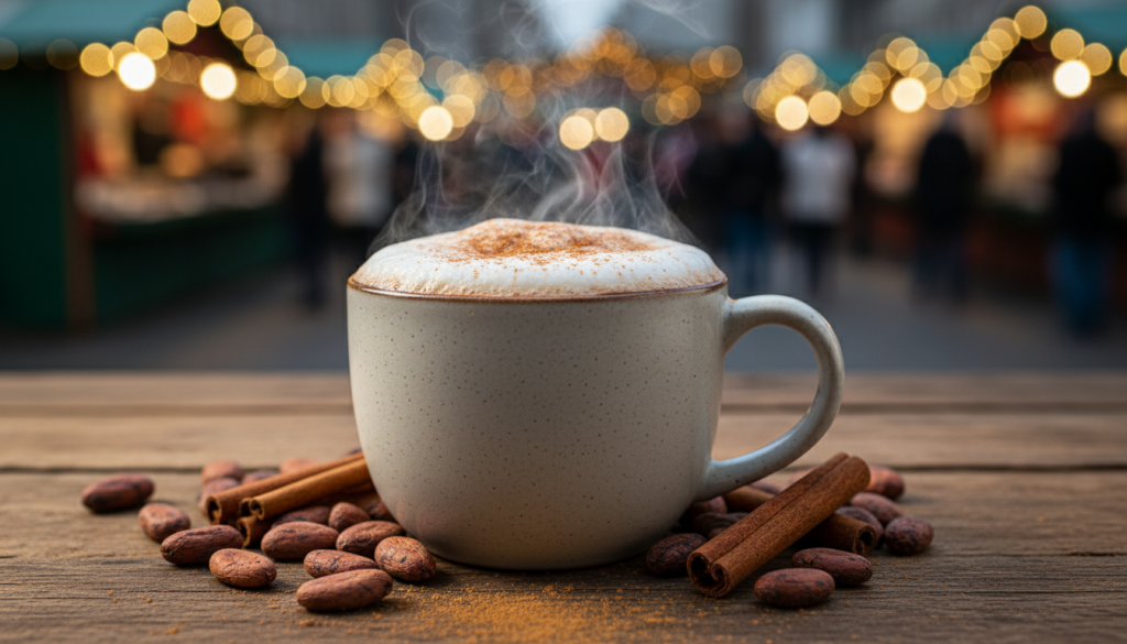Tasse en céramique de chocolat chaud fumant, mousse épaisse saupoudrée de cannelle, entourée de fèves de cacao brutes et de bâtons de cannelle